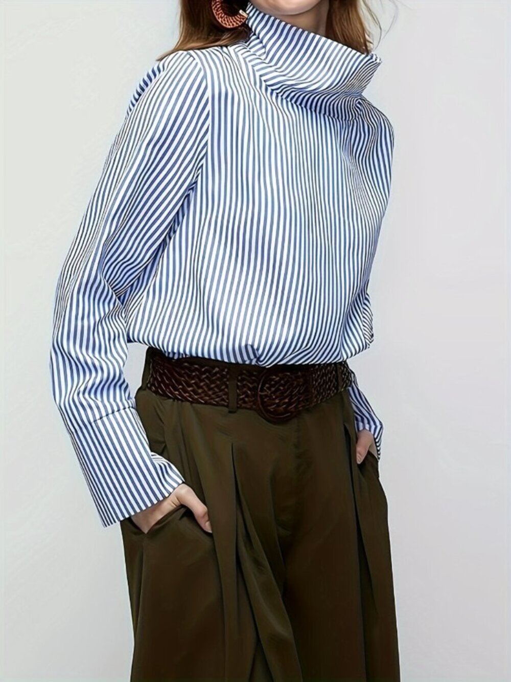 Striped Button Detail Sleeve Mock Neck Blouse TEMPORARILY UNAVAILABLE DO NOT PUR - Picture 2 of 4